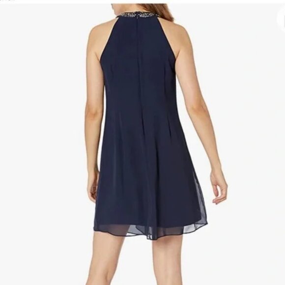 NWT SLNY Jewel Embellished Halter Mini Formal Dress in Navy Chiffon SZ 8 - Picture 4 of 8